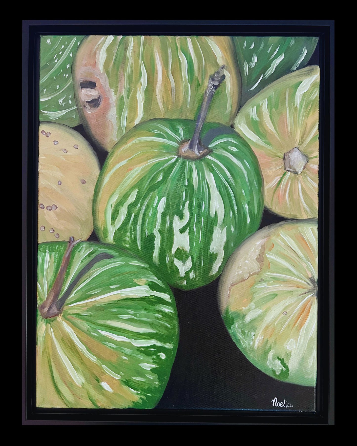 Green pumpkins with stripes calabaza variety oil painting in black frame by noeklia montaner