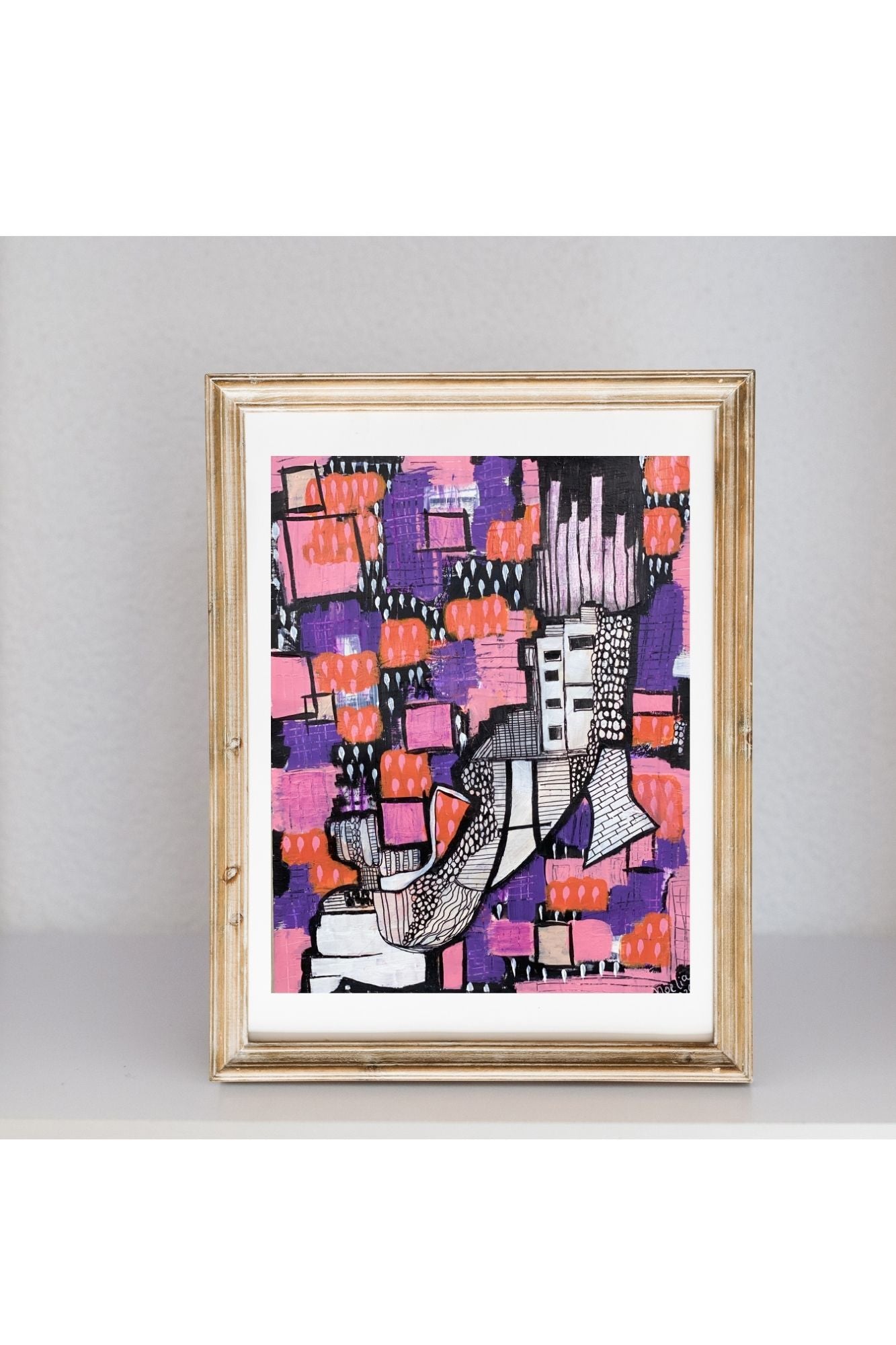 Pink, purple orange abstrcat acrylic painting on paper of an abstract old shoe