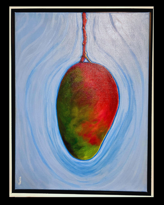 Red and Green Mango on stem with light blue background oil painting in white frame, tropical fruit art