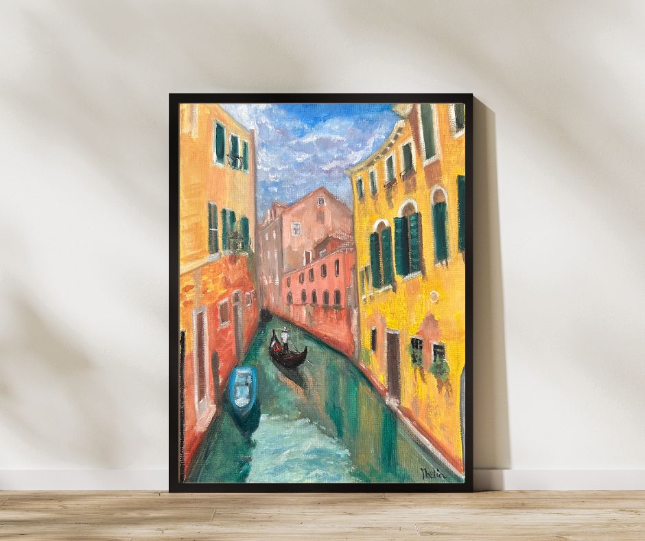 Oil Painting of Venice canal and gondolier on gondola with yellow buildings 