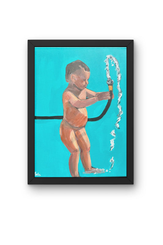 Boy Playing with Water Hose Minimalist Painting