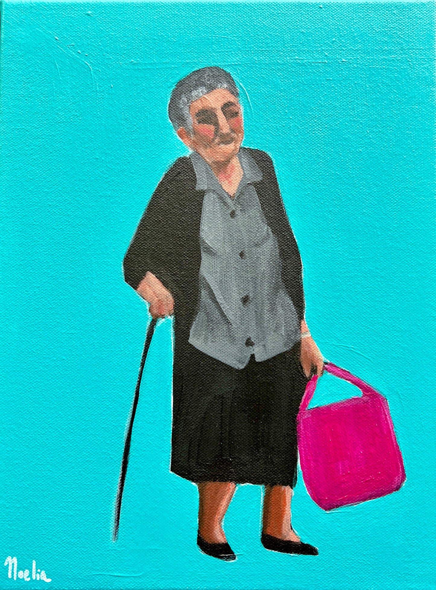 Bag of Joy-Old Woman at Bus Stop Art