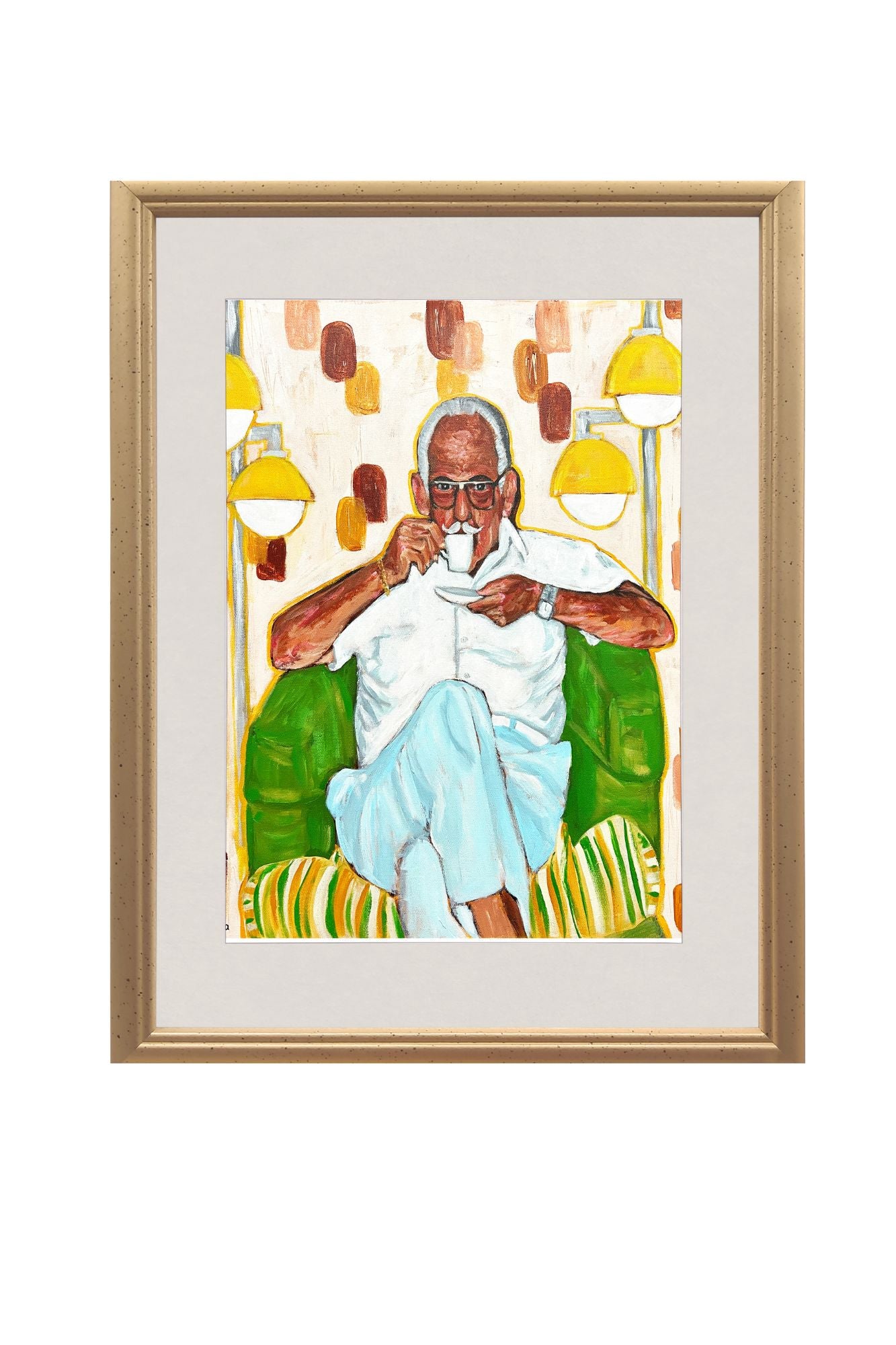 Man with white hair and white pinty mustache drinking cuban coffe with a 1970s  brown and beige wallpaper and yellow dome lights