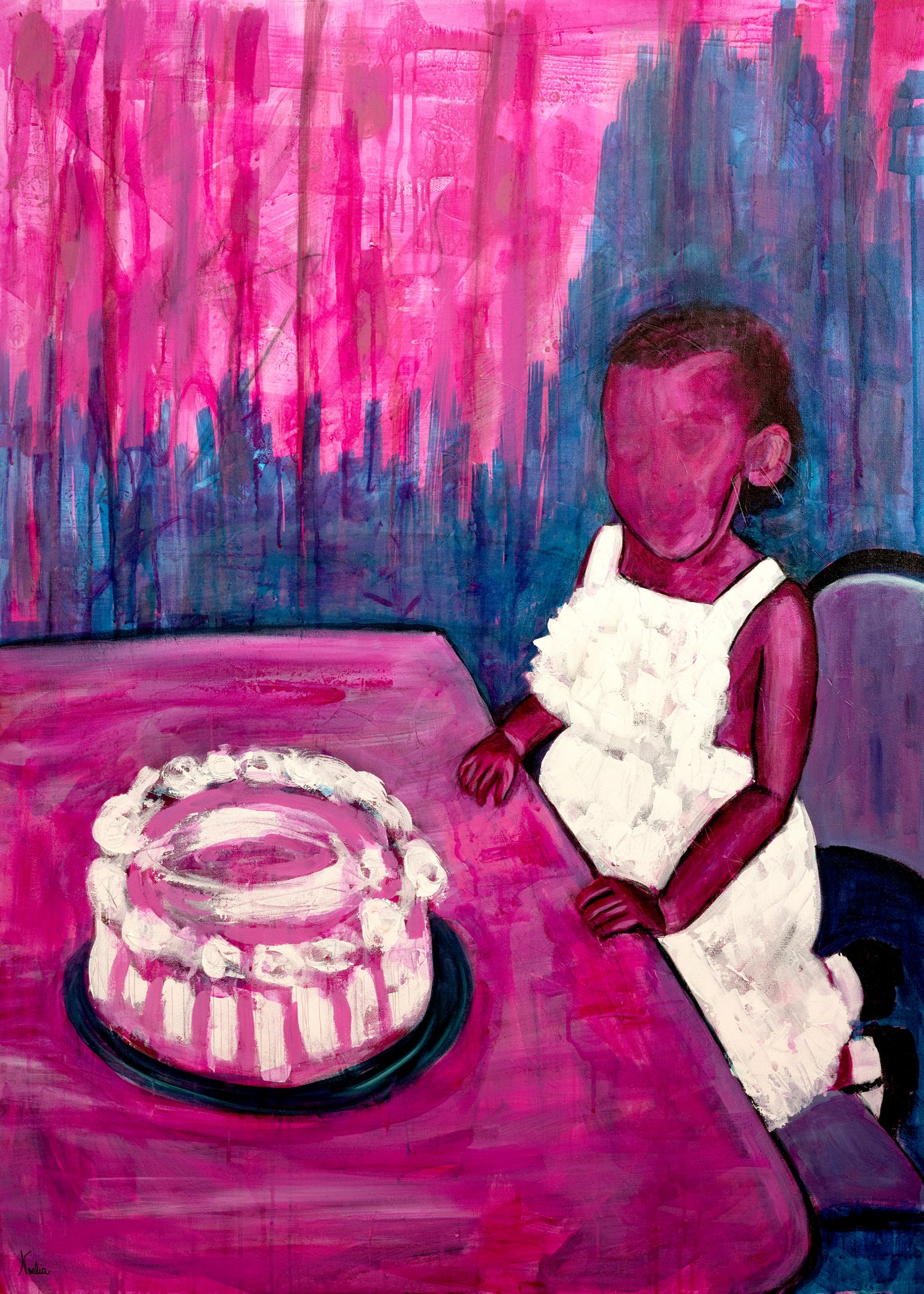 Abstract Pink art of little girl in white dress on a chair by a table with a white birthday cake