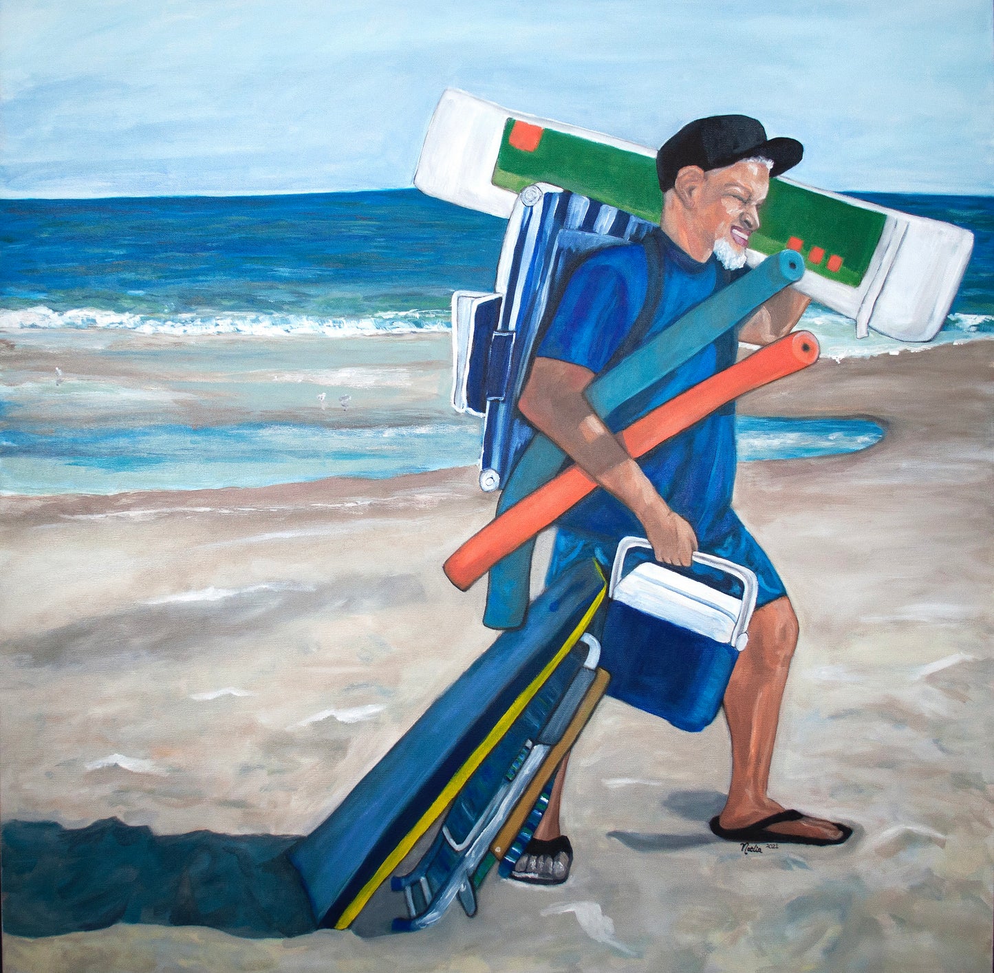 Oil painting of father carrying beach toys on the beach wearing a black cap and holding a cooler