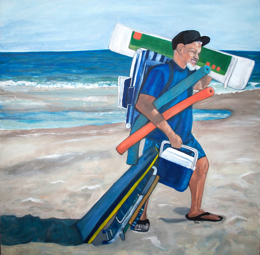 Oil painting of father carrying beach toys on the beach wearing a black cap and holding a cooler