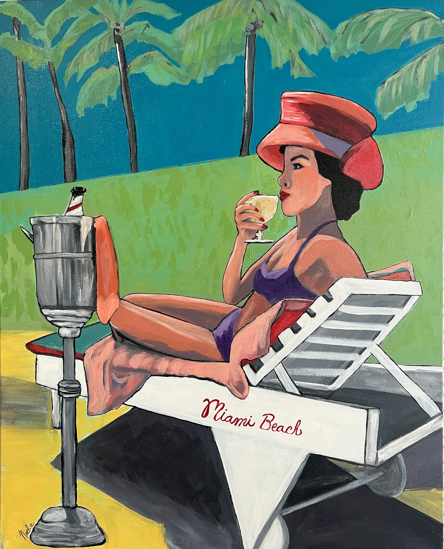 Vintage style painting of woman by pool wearing hat sipping champagne in Miami Beach wearing purple bikini