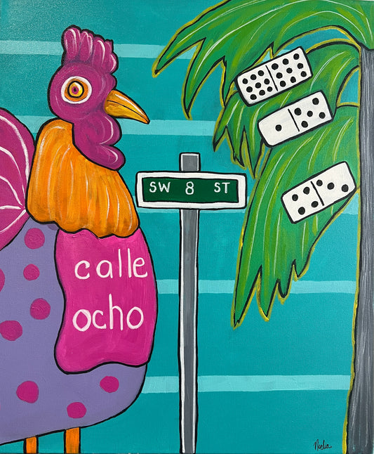 Bright Hot pink and puple spotted miami rooster with dominos next to calle ocho sign acrylic painting 