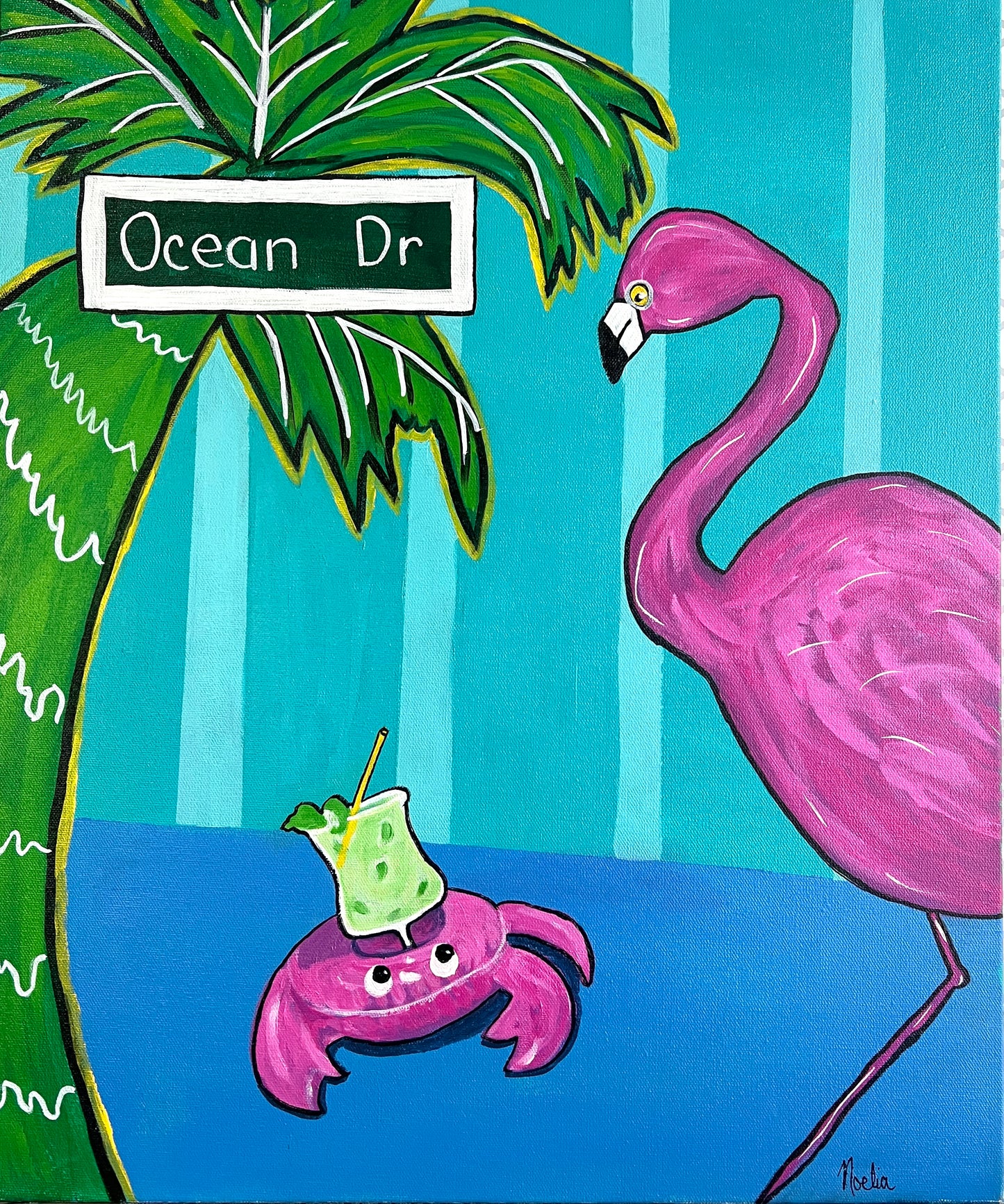 Pink flamingo acrylic painting with bright blue striped backgriund next to a palm tree with Ocean Drive sign and a pink crab floaty holding a mojito