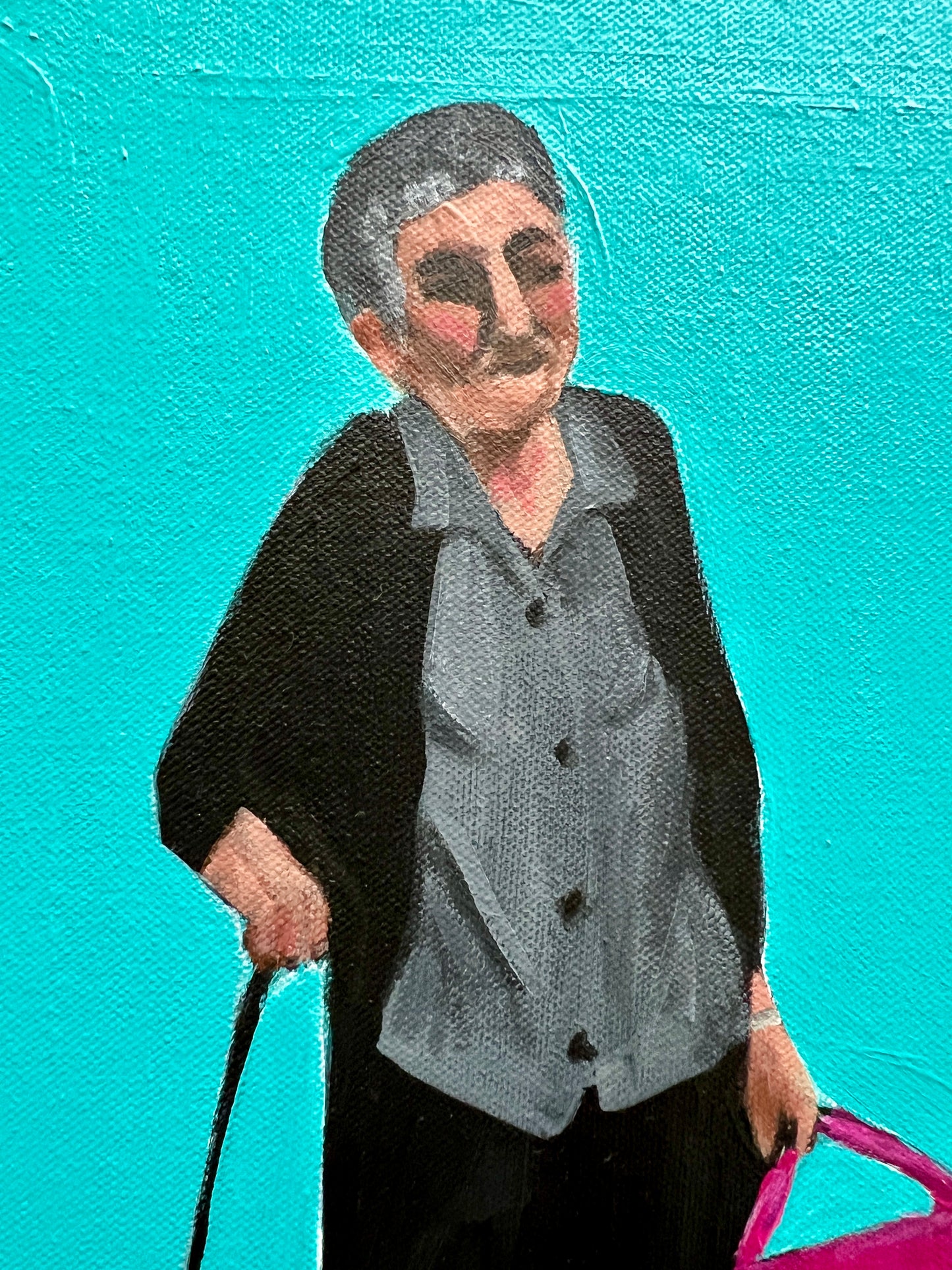 Bag of Joy-Old Woman at Bus Stop Art