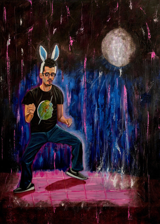 Man in bunny ears dancing by a disco ball mixed media painting