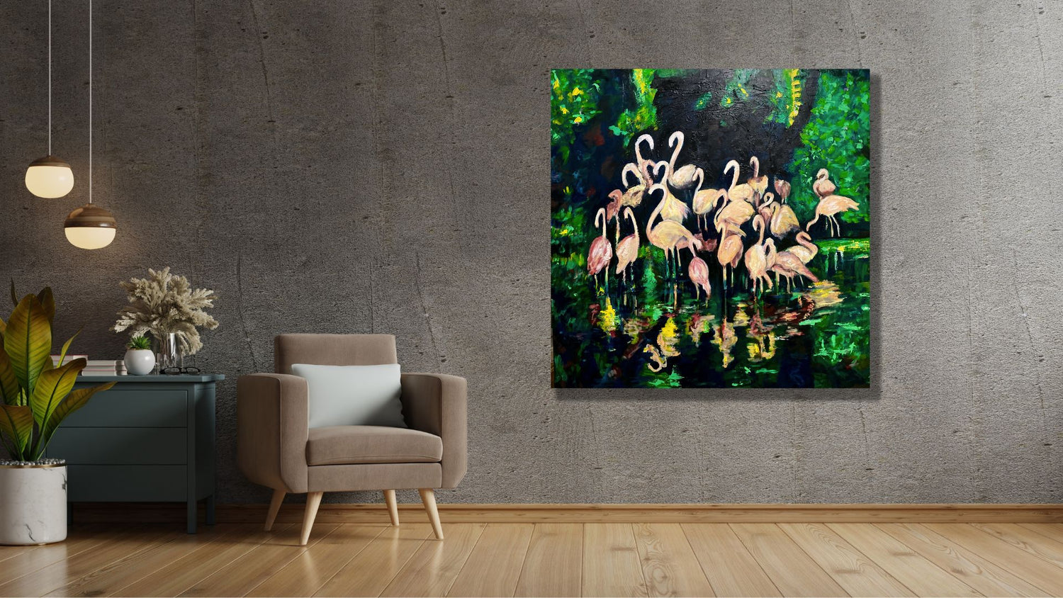 Night of the Flamingos Acrylic painting 36 x 36 by noelia montaner 