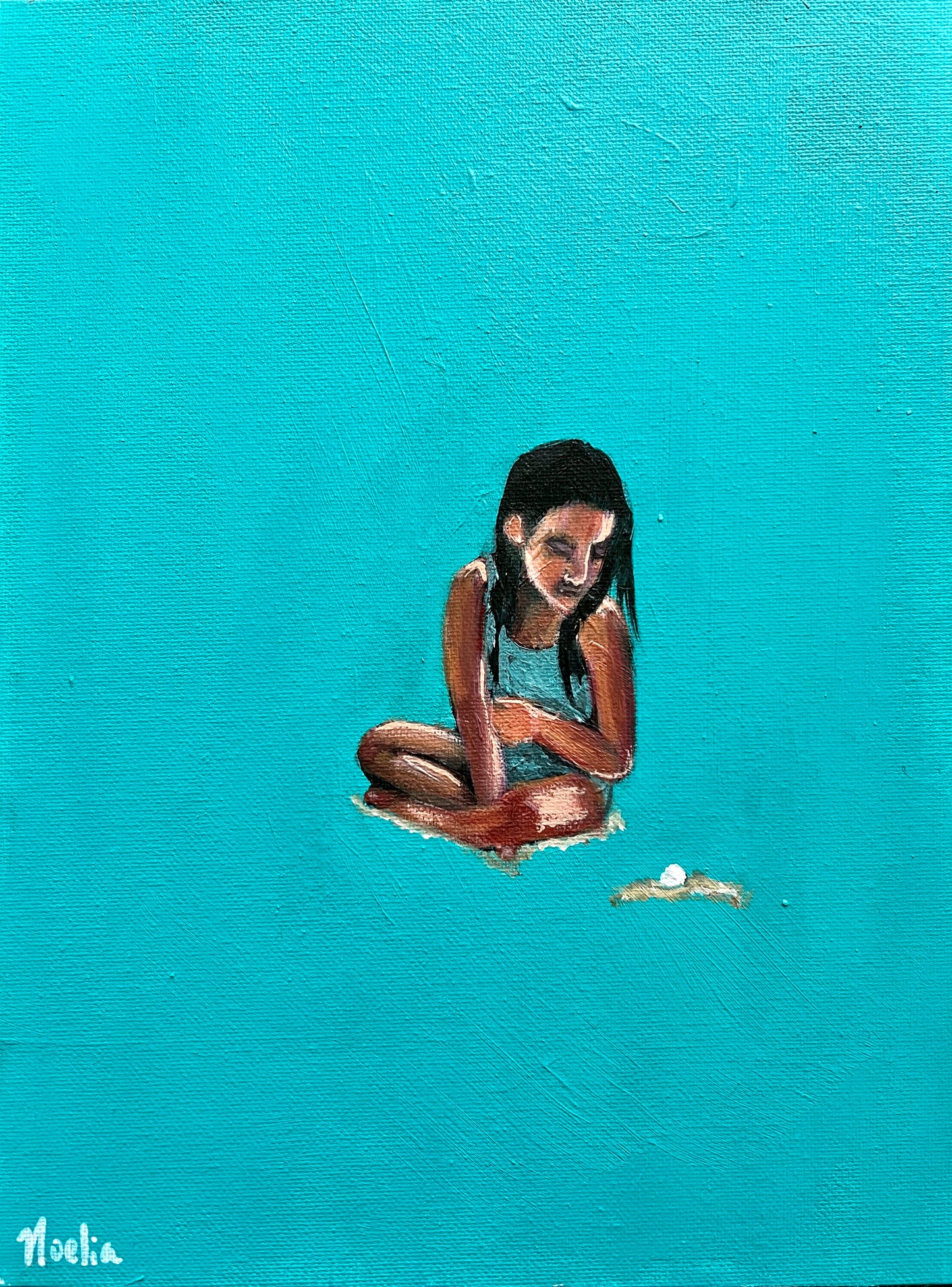 Little girl in bathing suit with dark hair sitting on the beach sand looking at a white shell in the sound. Solid teal blue background. 9 x 12 acrylic painting on flat panel. Beach 
