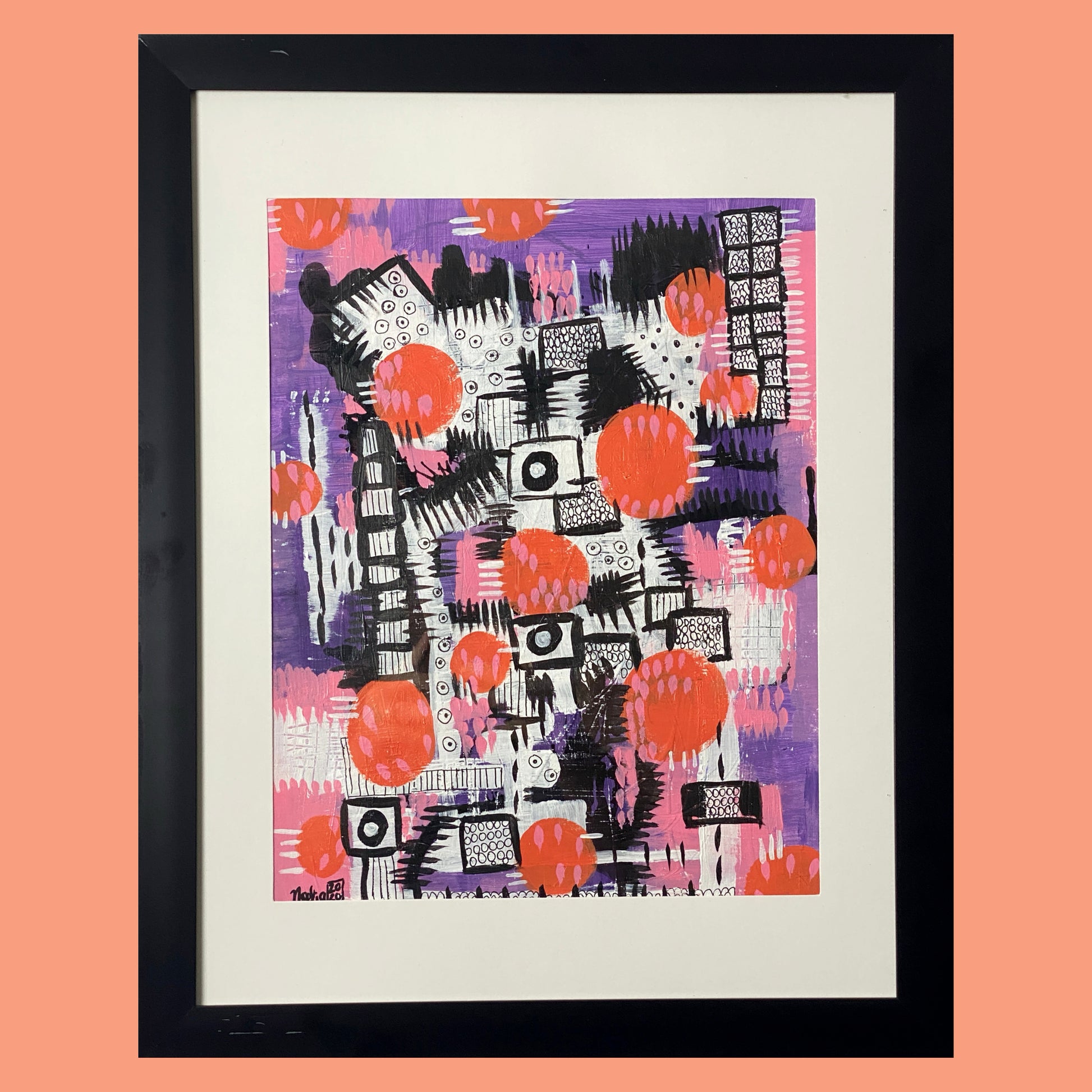 Acrylic abstract in purple, orange and black of different shapes painted on bristol paper