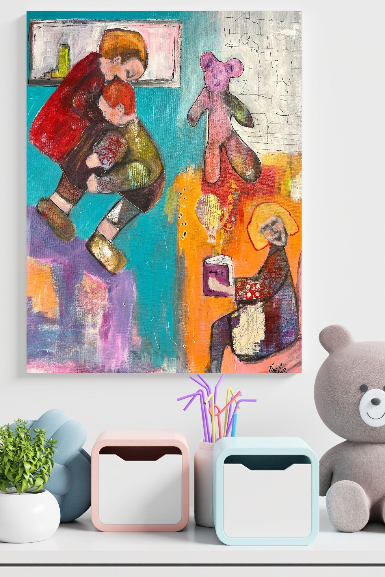 colorful blue and orangle abstract acrylic painting of child playing with doll, teddy bear, and girl reading 