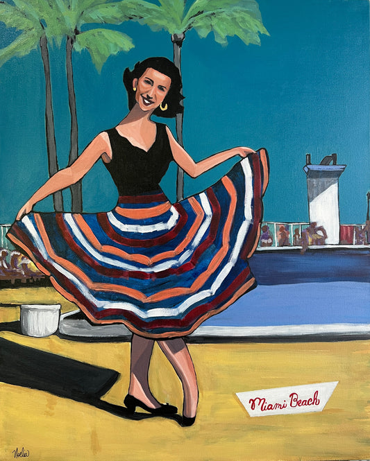 Vintage Style 1950s painting of woman in black top with striped skirt by hotel poolside in Miami Beach 