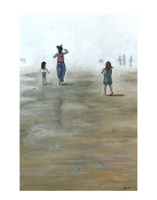 Oil Painting of girls on the beach on a foggy day